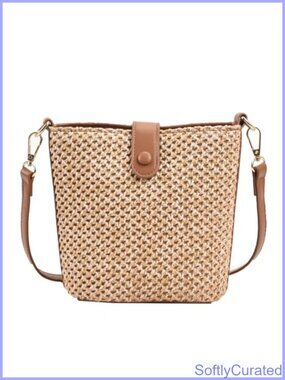 Woven Straw Bucket Bag Crossbody Purse Detachable Strap Summer